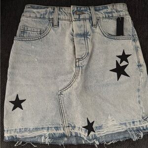 AMIRI Distressed Denim Skirt with Black Stars